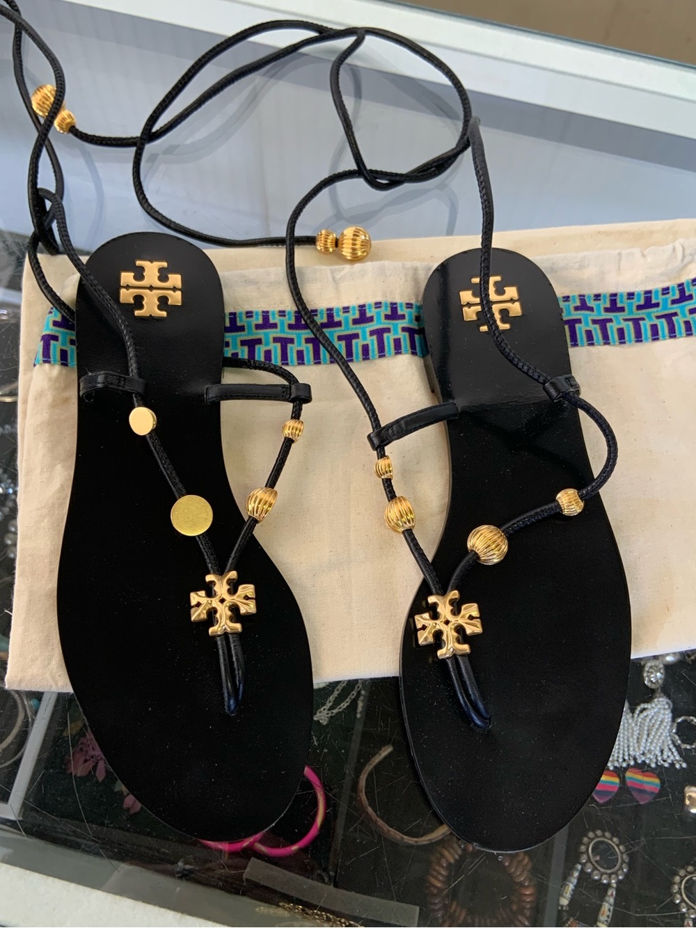 Tory Burch Black Sandal Lace-Up Flats with Gold Logo Accents - Picture 3 of 9